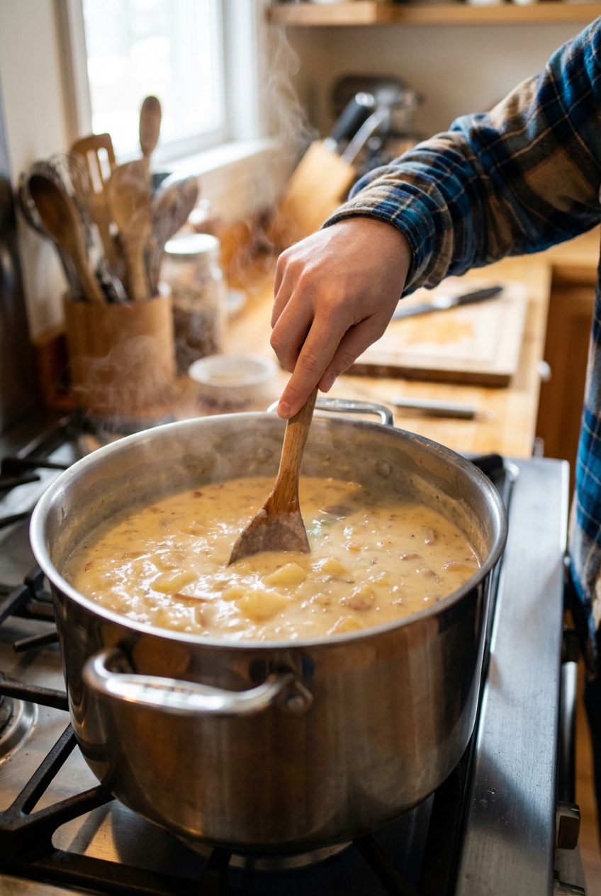 A pot of potato soup simmering on a stovetop with a wooden spoon stirring