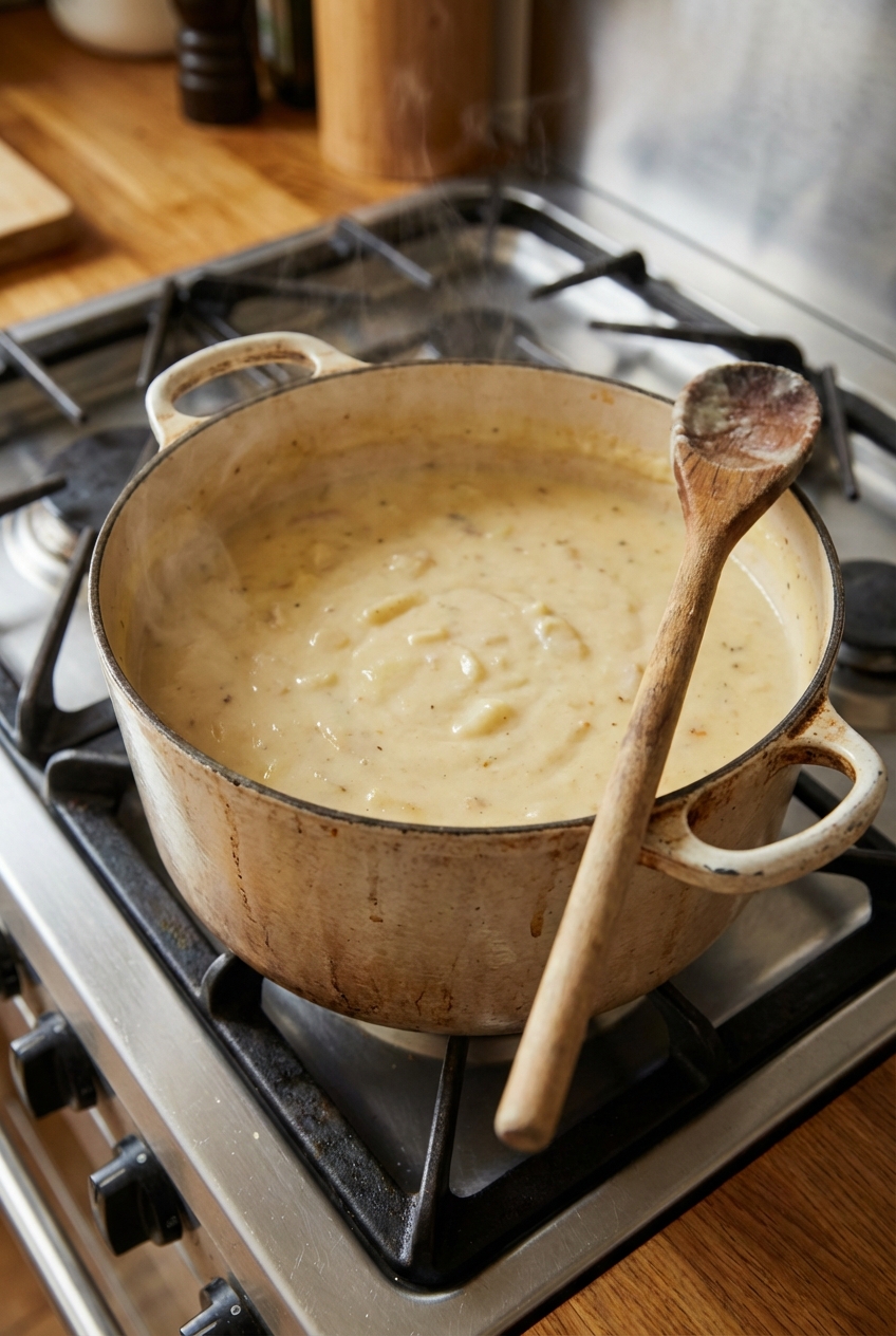 A pot of potato soup simmering on a stovetop with a wooden spoon resting on the rim