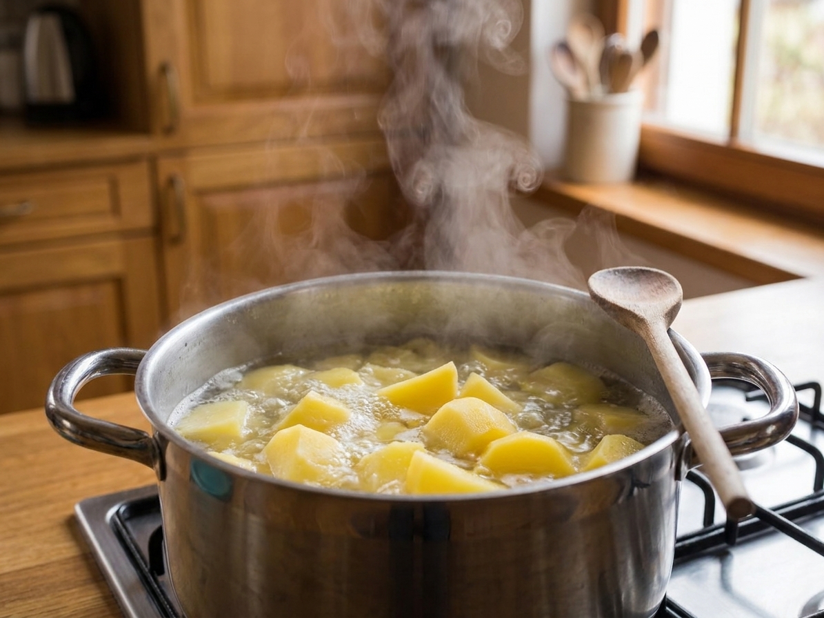A pot of potatoes simmering on the stove with gentle bubbles and steam in a home kitchen