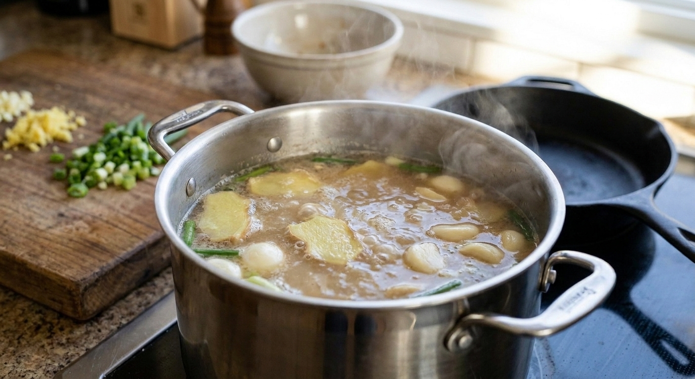 A pot of ramen broth gently simmering on a stovetop with visible garlic and ginger
