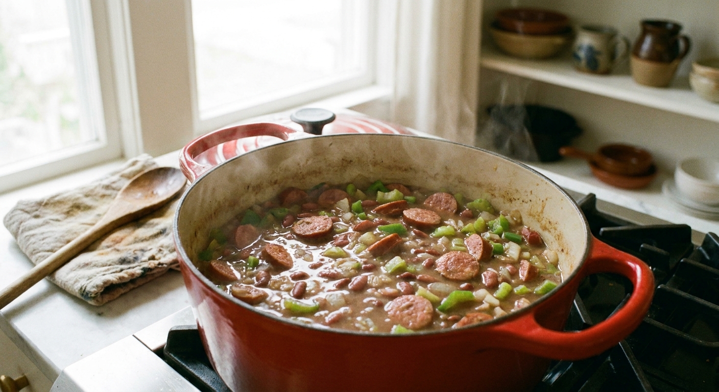 A pot of red beans simmering in a Dutch oven with visible onions, celery, bell pepper, and sliced sausage, photographed in a bright home kitchen