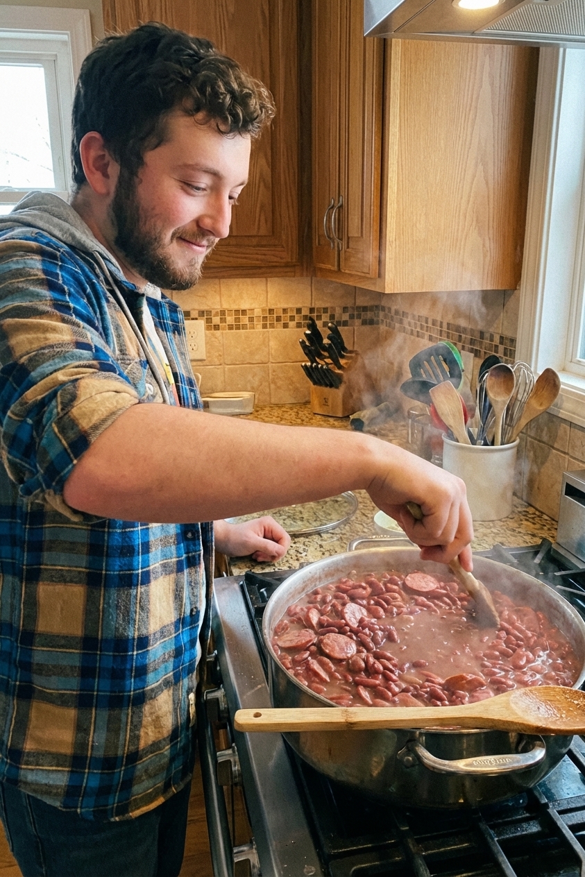 A pot of red beans simmering on a stovetop with visible sausage slices and a wooden spoon resting on the rim, steam rising in a home kitchen