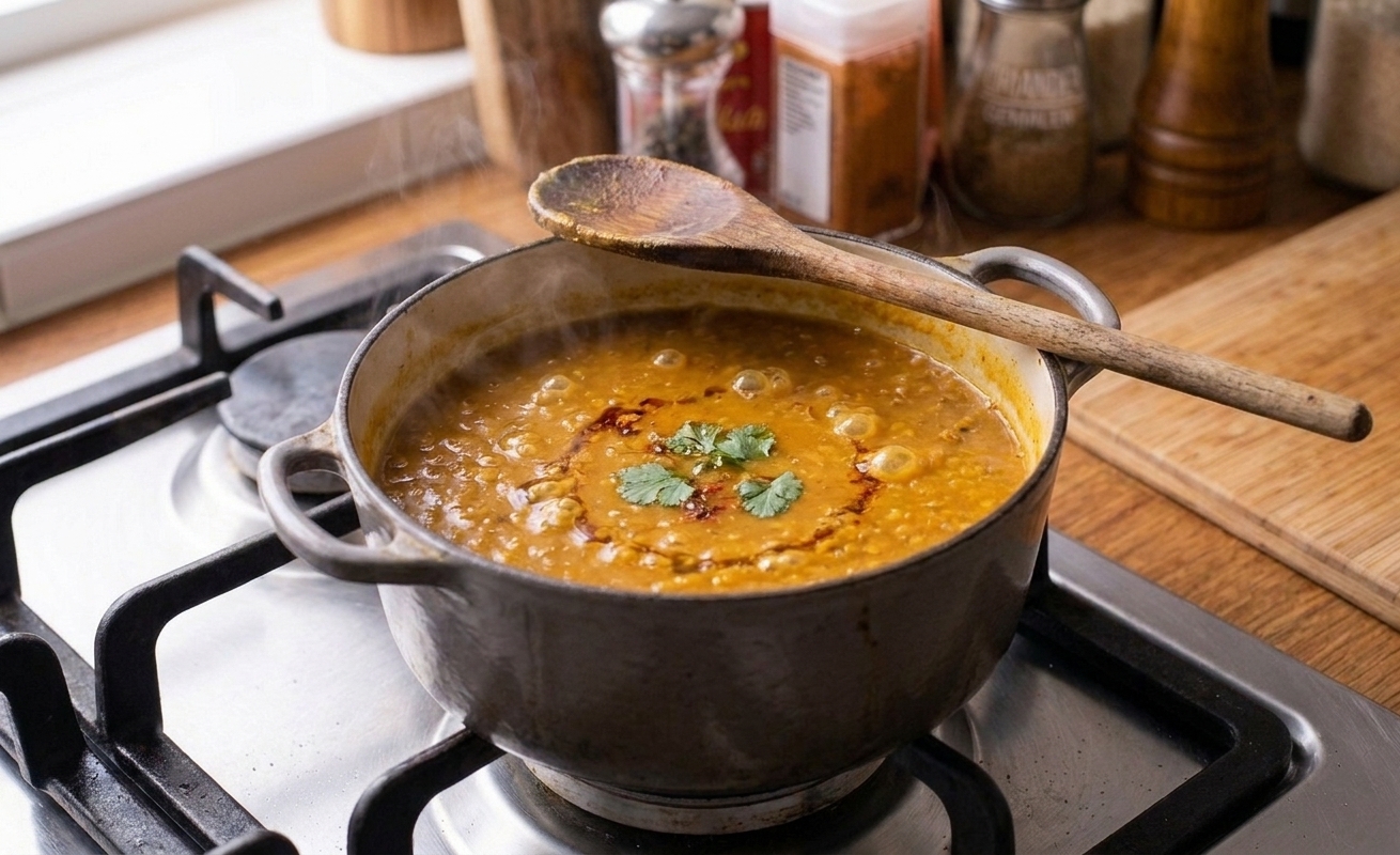 A pot of red lentil dal gently simmering on a stovetop with visible bubbles and a wooden spoon resting on the rim