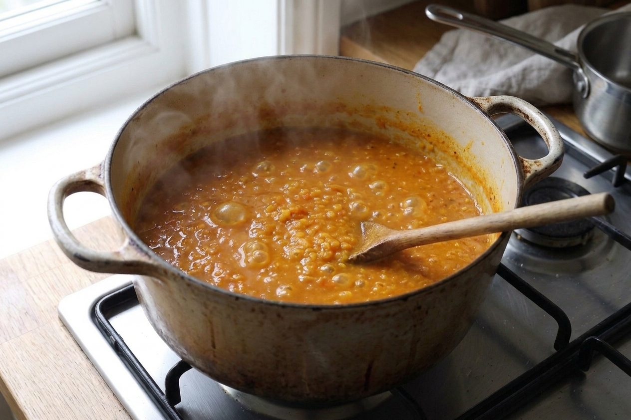 A pot of red lentil dhal simmering on the stovetop with small bubbles on the surface