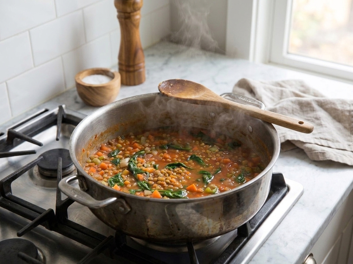 A pot of red lentil stew simmering on the stove with visible steam and a wooden spoon resting on the rim, warm kitchen lighting
