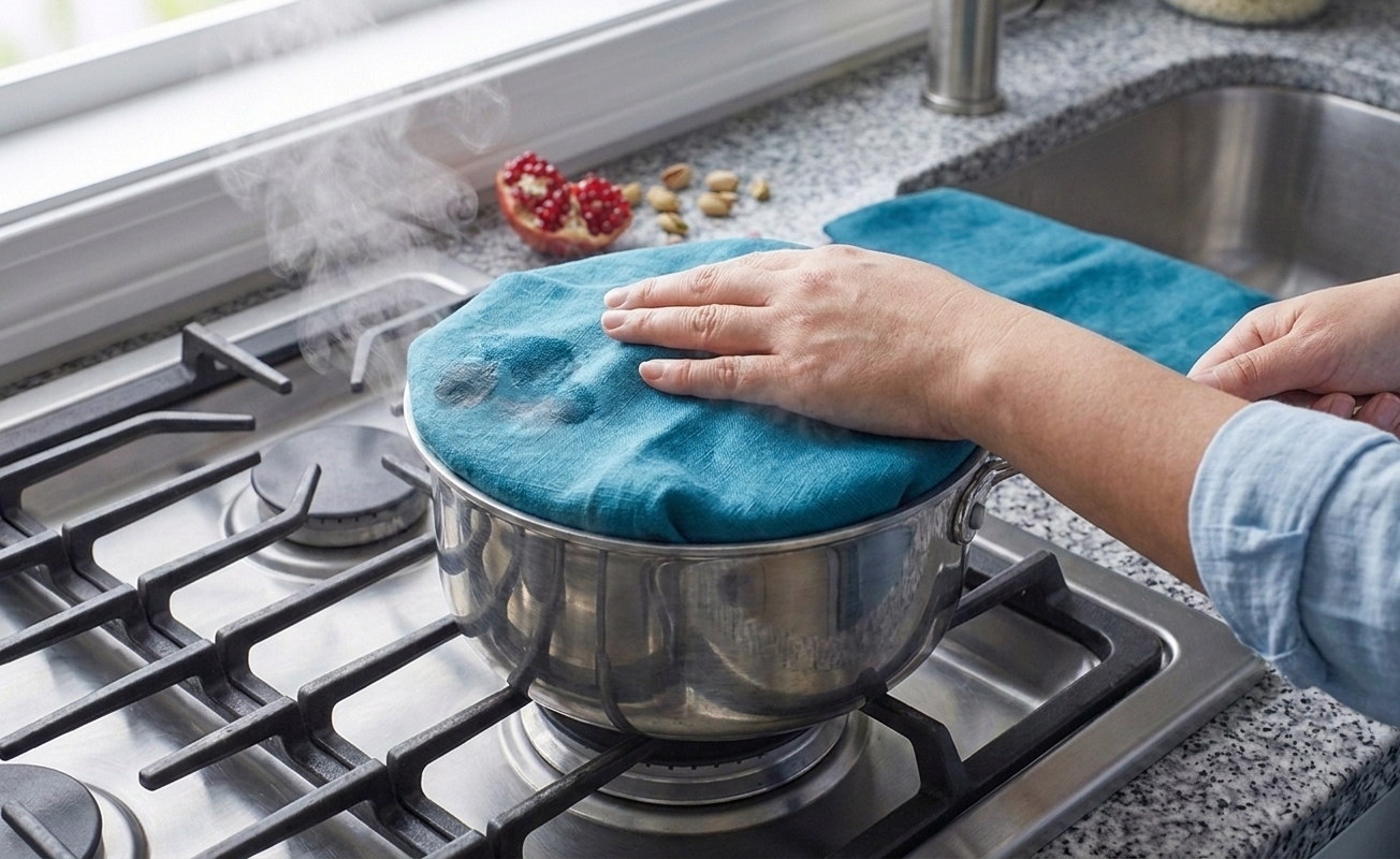 A pot of rice steaming on a stovetop with the lid wrapped in a clean kitchen towel to catch condensation