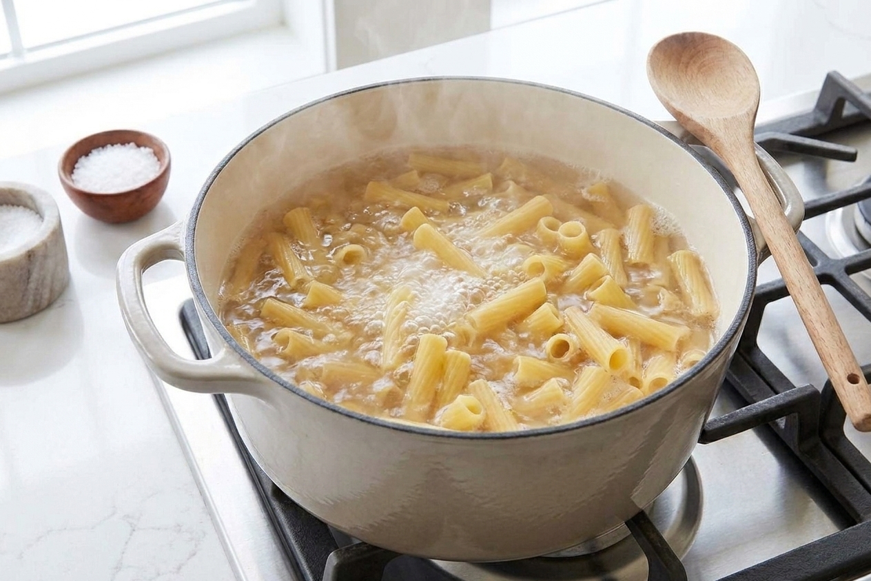 A pot of rigatoni boiling on a stovetop with salted water bubbling