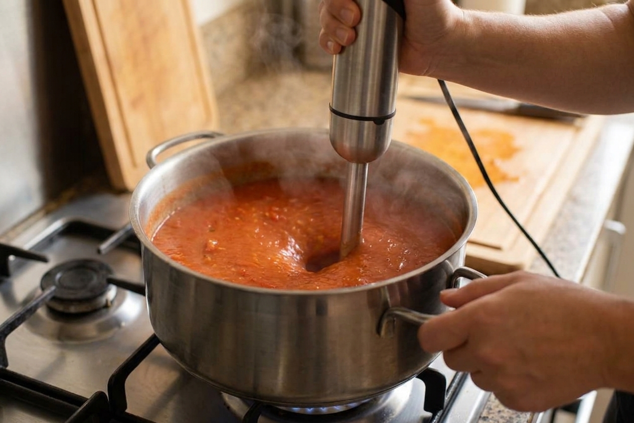 A pot of roasted tomato soup being blended smooth with an immersion blender on a stovetop