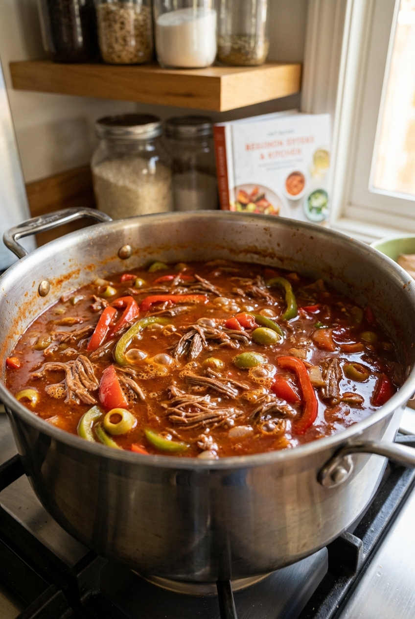 A pot of ropa vieja sauce simmering with peppers, olives, and shredded beef