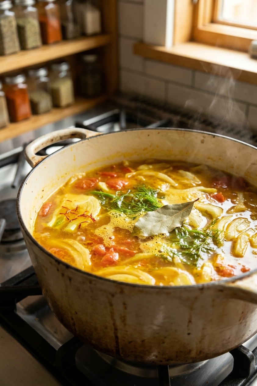 A pot of saffron-tinted tomato and fennel broth gently simmering on a stovetop with bay leaf visible, close-up cooking photography