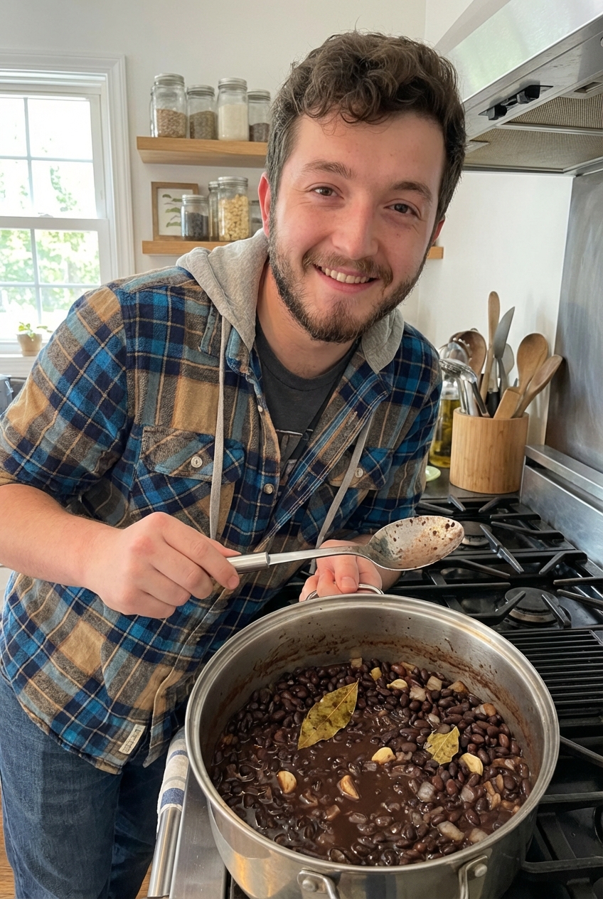 A pot of seasoned black beans with a spoon resting on the edge