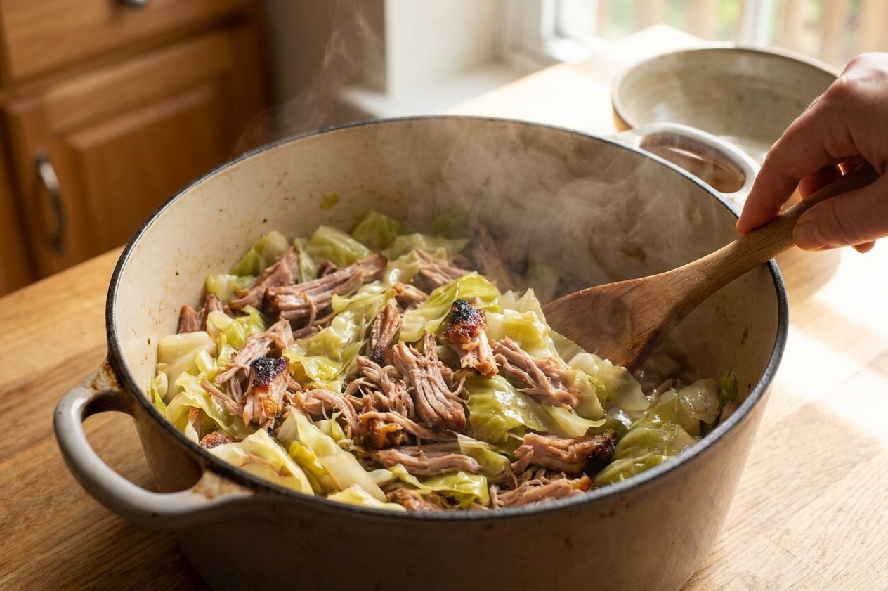 A pot of shredded Kalua pork mixed with tender wilted cabbage, steam rising under warm kitchen light