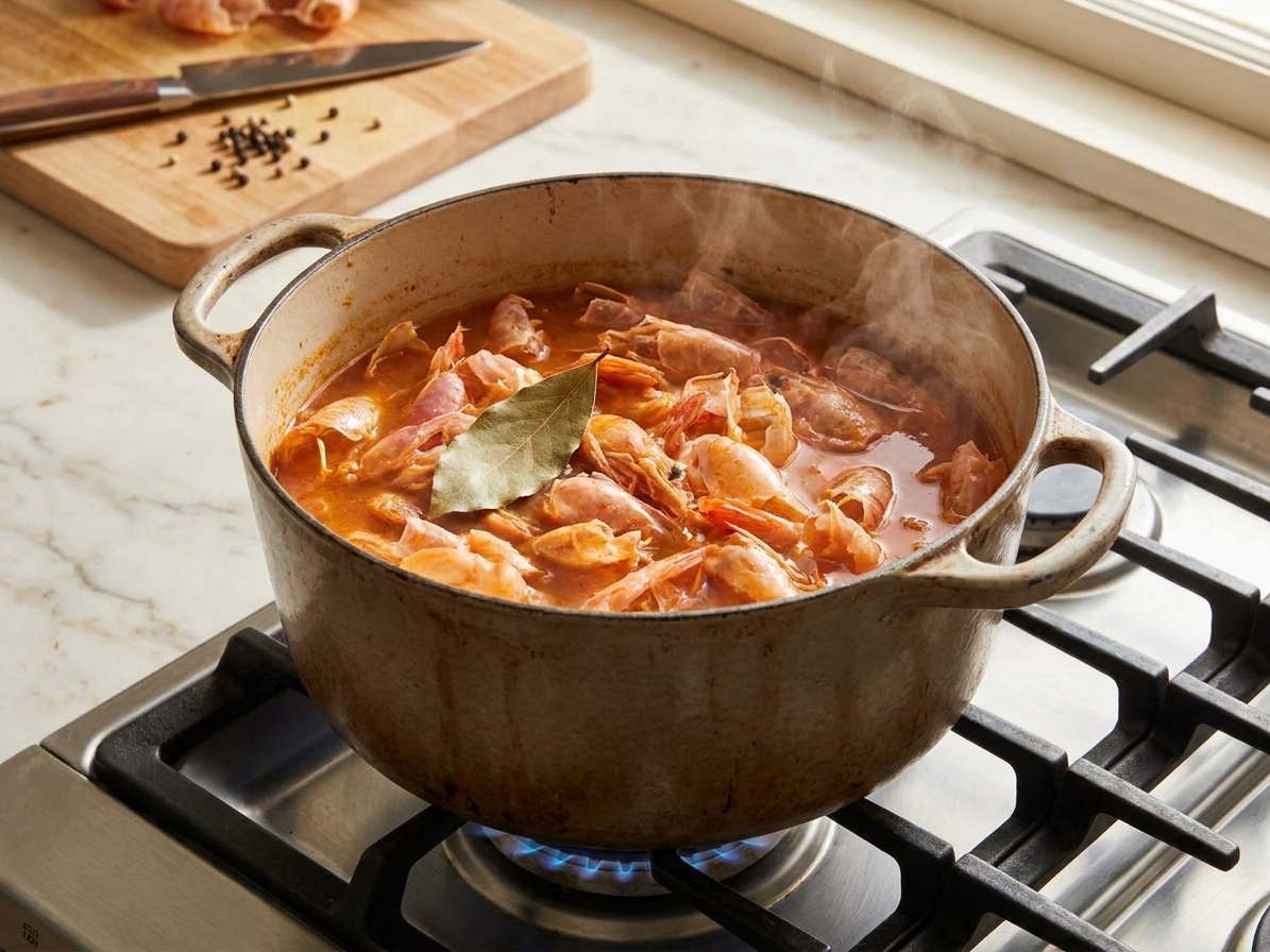 A pot of shrimp shells simmering with a bay leaf in liquid on a stovetop during stock-making