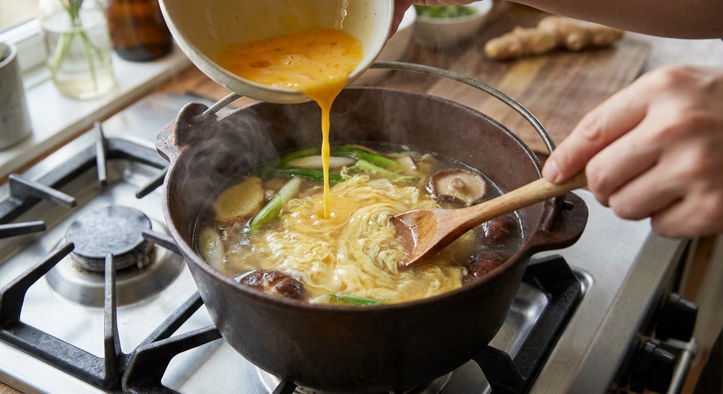 A pot of simmering broth as beaten eggs are poured in a thin stream, forming soft egg ribbons while a spoon gently stirs