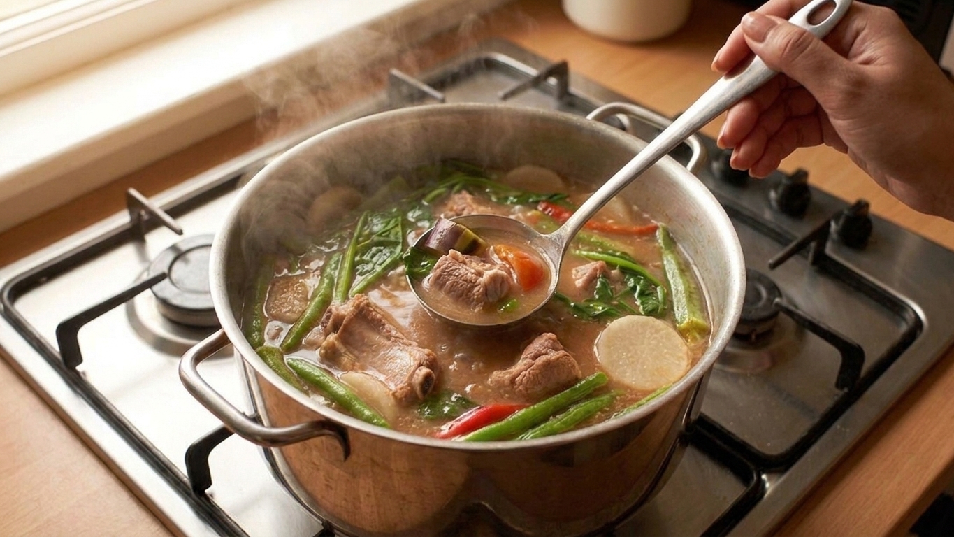 A pot of sinigang simmering on the stove with pork pieces and vegetables visible in the broth, a ladle stirring gently