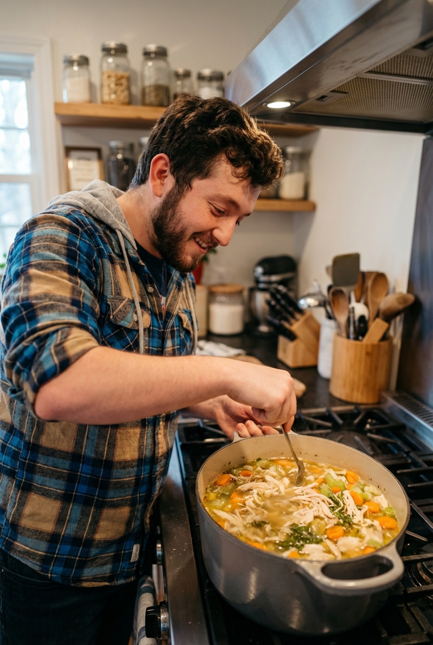 A pot of soup simmering on a stovetop with vegetables and shredded chicken visible in the broth