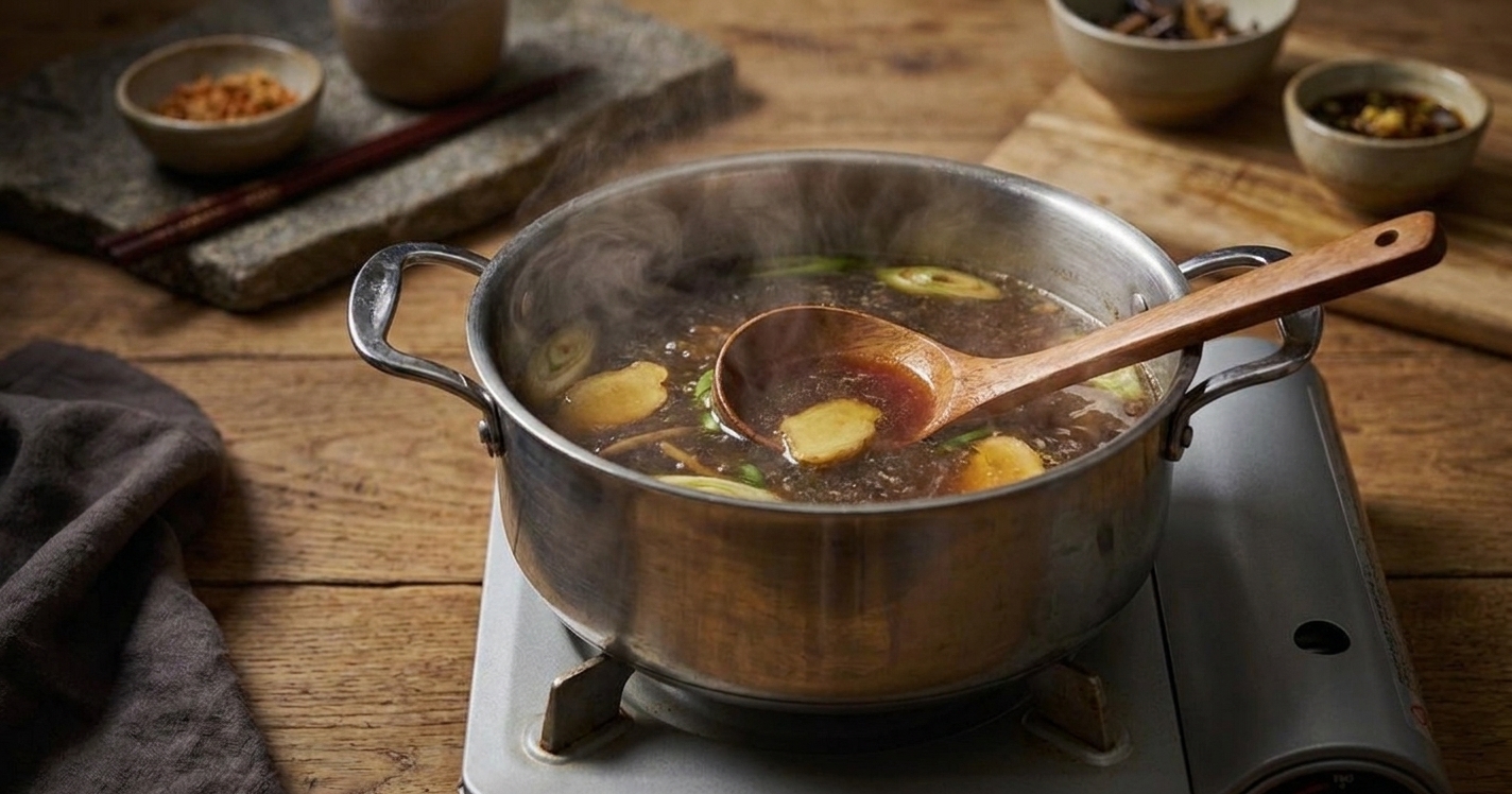 A pot of soy-ginger broth gently simmering on a stovetop with steam rising and a ladle resting on the edge