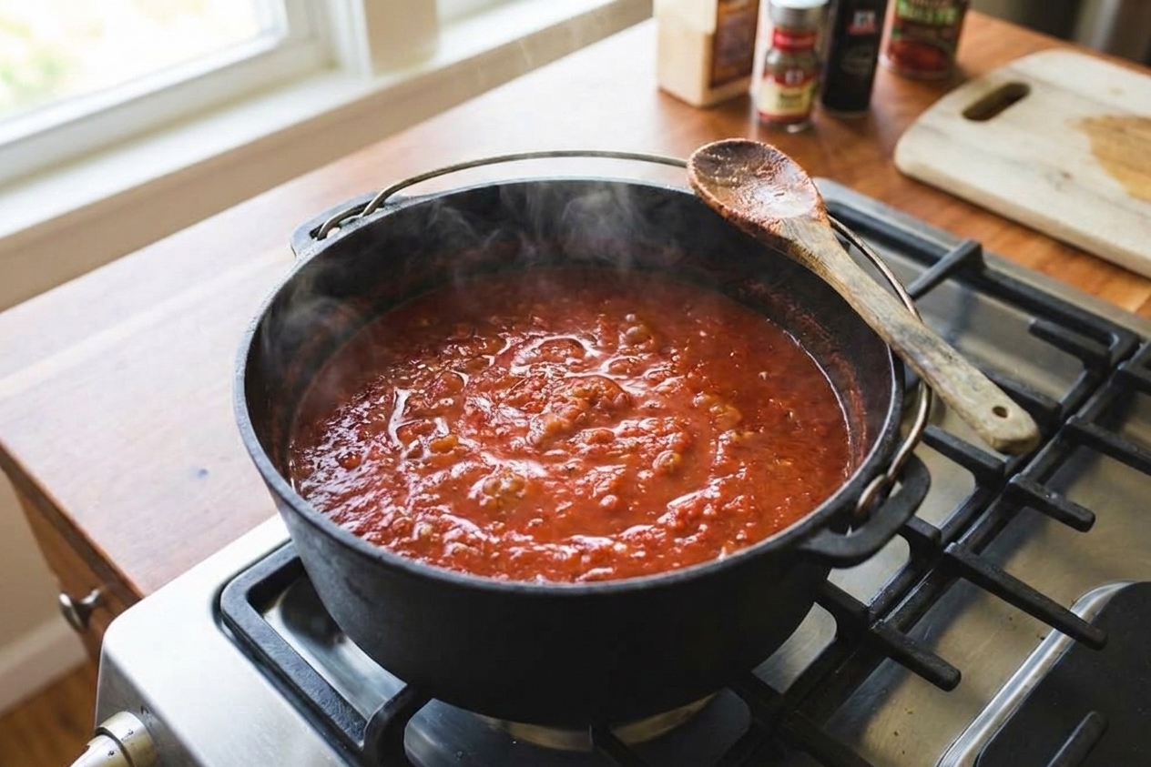 A pot of spaghetti sauce gently bubbling on the stove with small bursts breaking the surface
