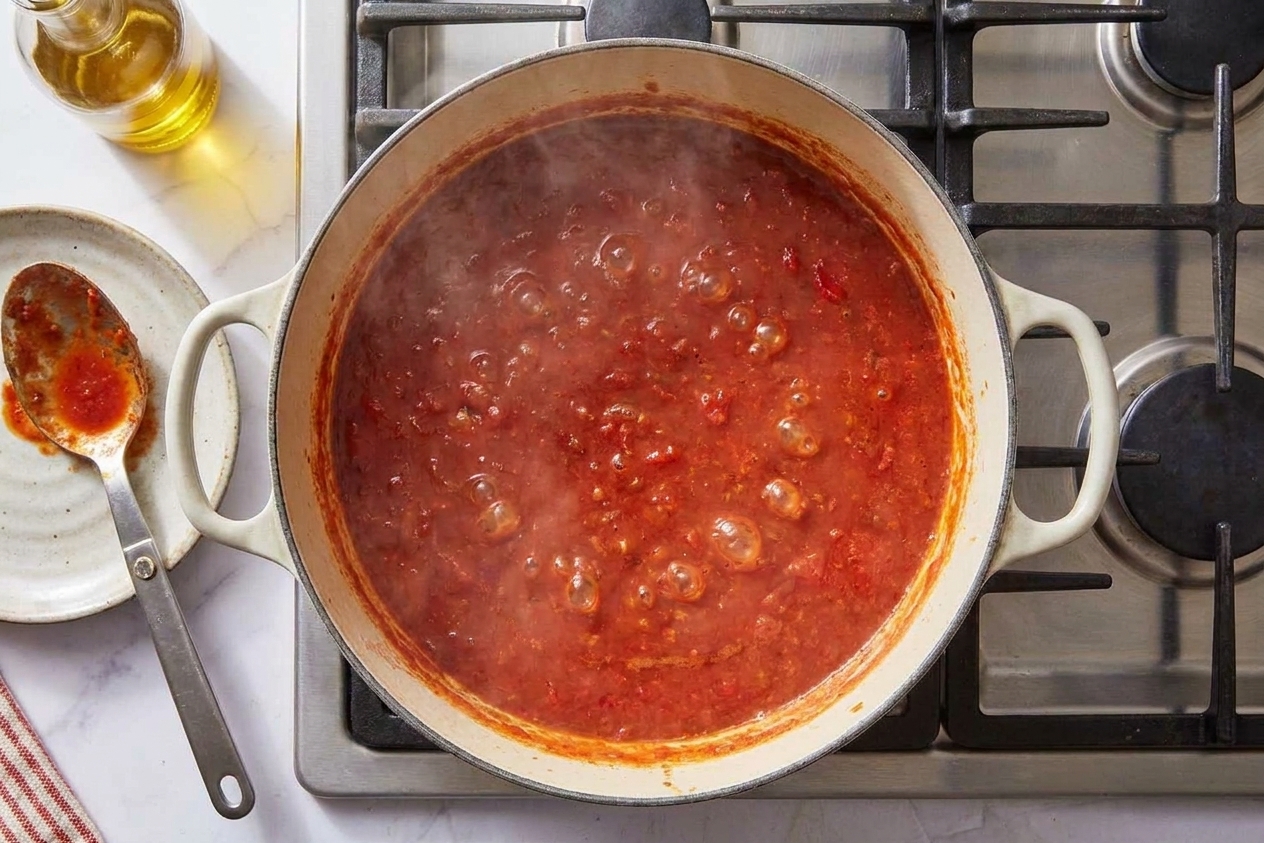 A pot of spaghetti sauce simmering with small bubbles on the surface on a stovetop, spoon resting nearby
