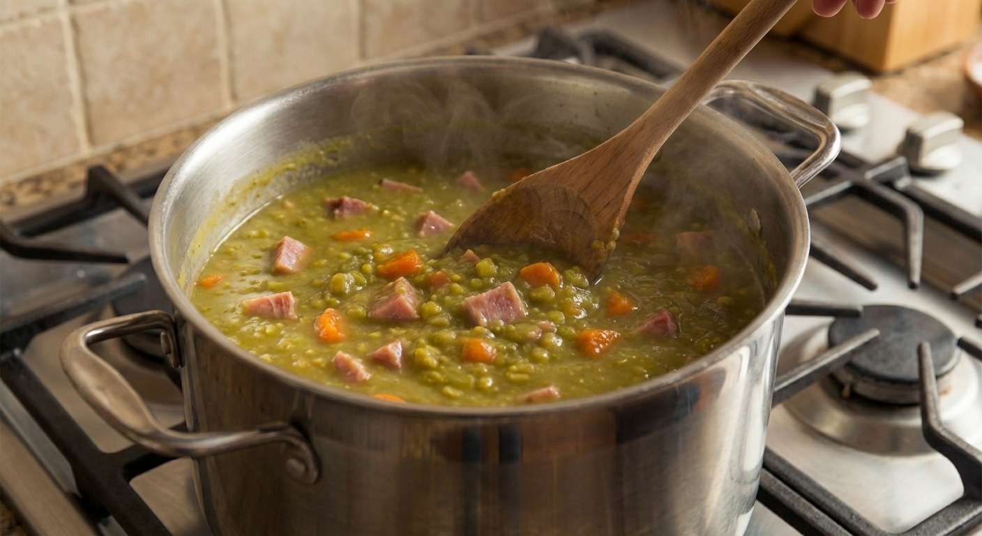 A pot of split pea soup simmering on the stovetop with a wooden spoon stirring