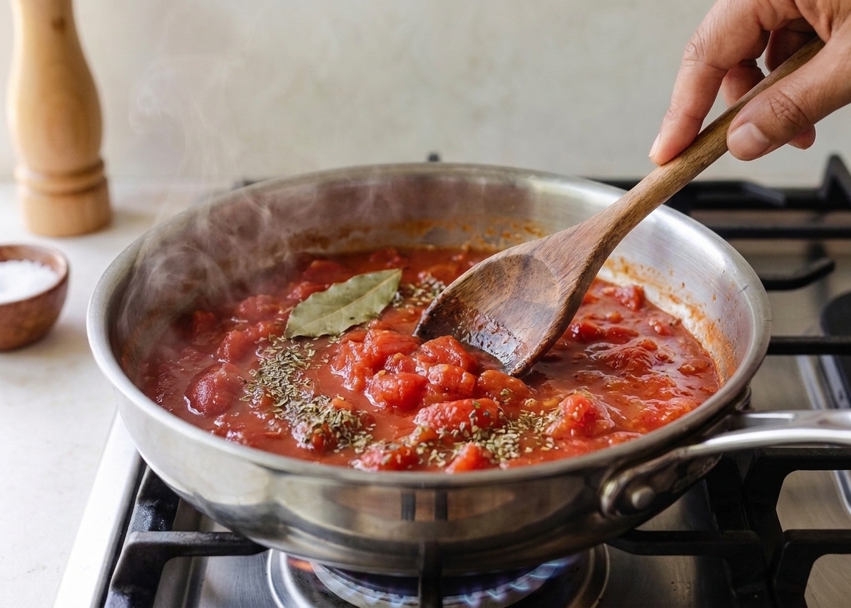 A pot of stewed tomatoes simmering gently on the stove with visible tomato chunks and herbs