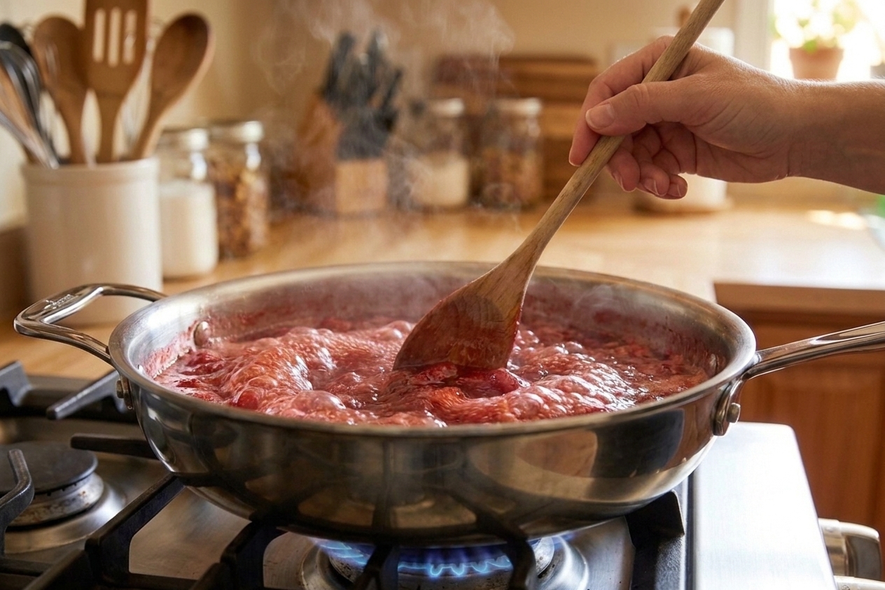 A pot of strawberry jelly at a vigorous rolling boil on a stovetop, with a wooden spoon stirring