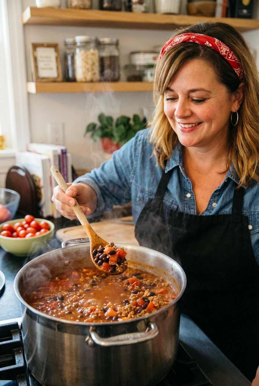 A pot of taco soup simmering on the stovetop with a wooden spoon stirring beans and tomatoes