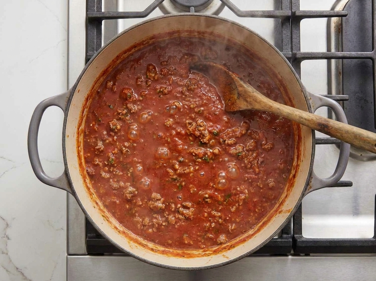 A pot of thick meat tomato sauce gently simmering on the stove with small bubbles and a ladle resting on the side