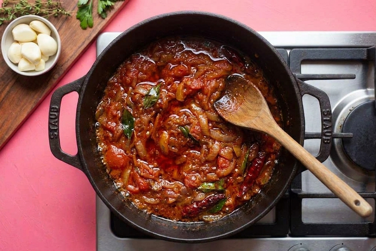 A pot of thick tomato onion masala simmering with visible oil separation around the edges on a stovetop