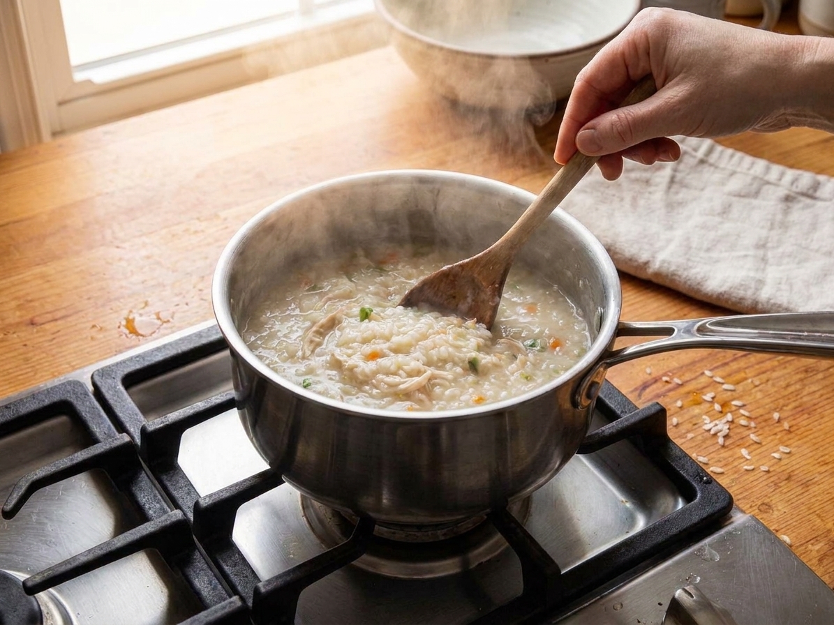 A pot of thickening rice porridge being stirred with a wooden spoon on a home stove, steam rising