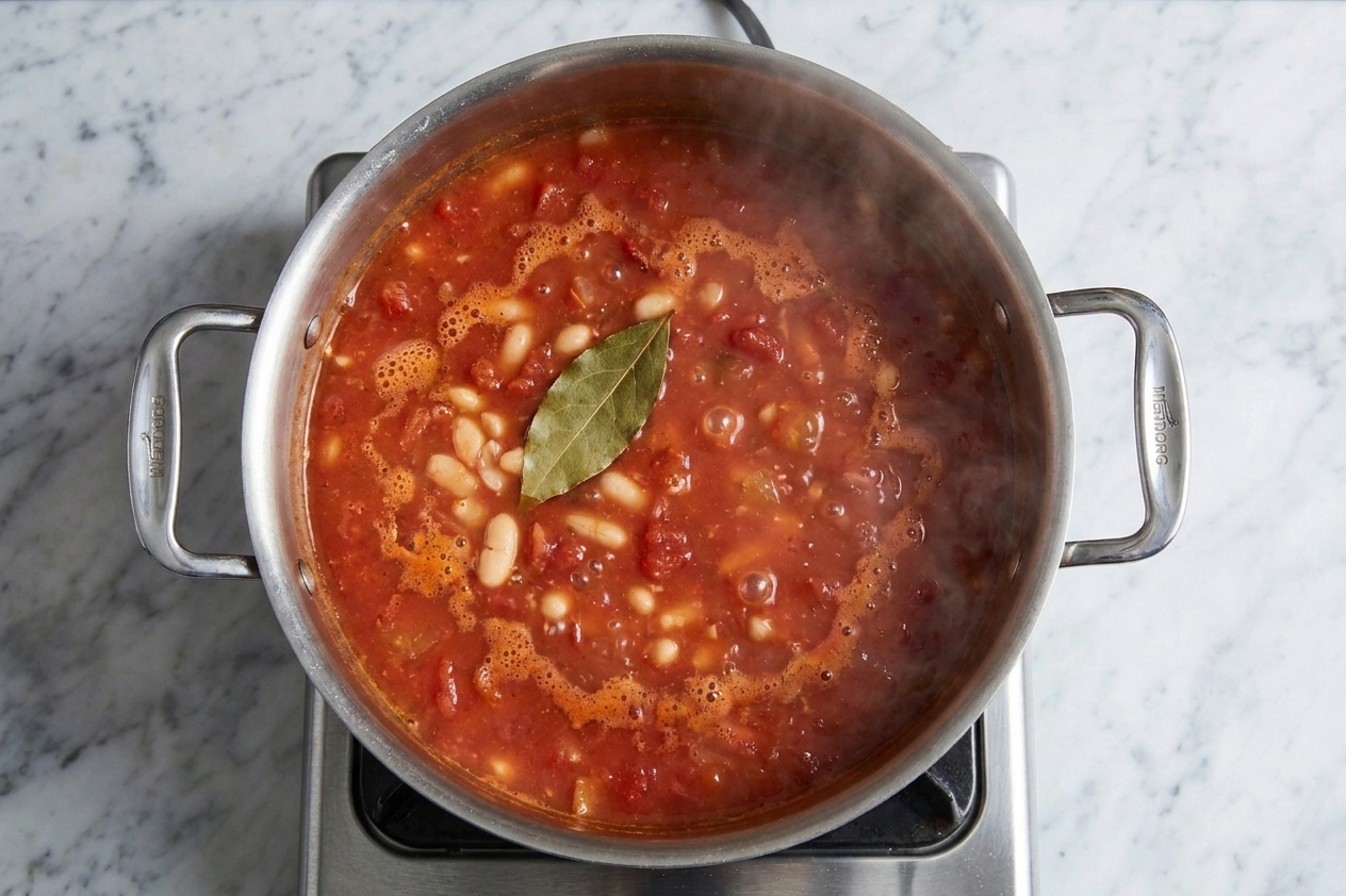 A pot of tomato and bean soup gently simmering with a bay leaf visible on the surface