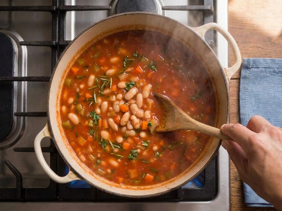 A pot of tomato-based bean soup gently simmering on the stove with visible beans and herbs