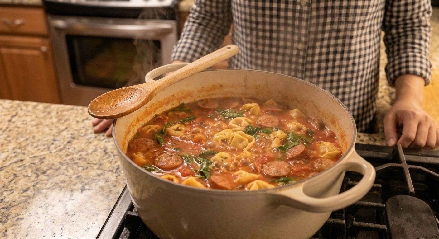 A pot of tomato-based soup broth simmering with sausage visible, small bubbles breaking the surface on the stovetop