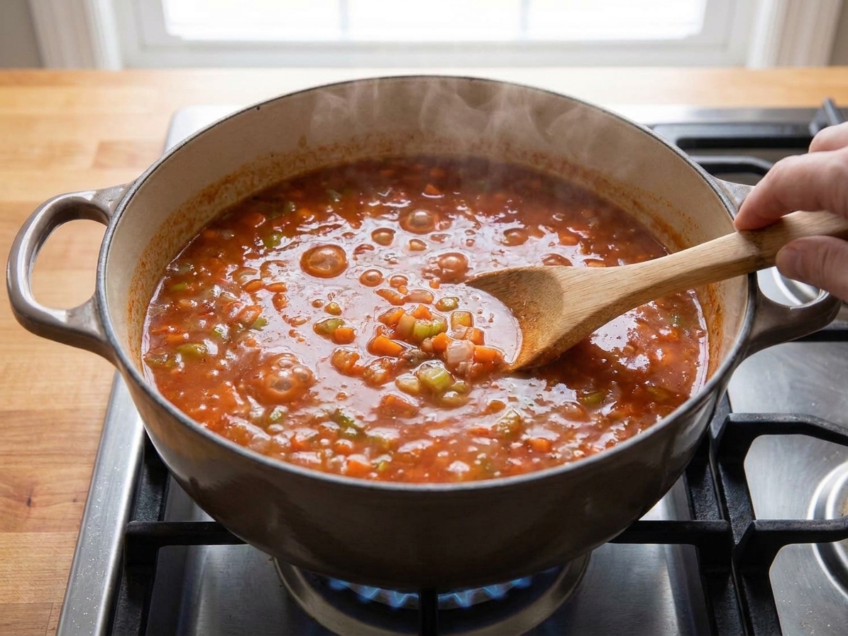 A pot of tomato-based soup simmering on the stovetop with small bubbles and visible diced vegetables