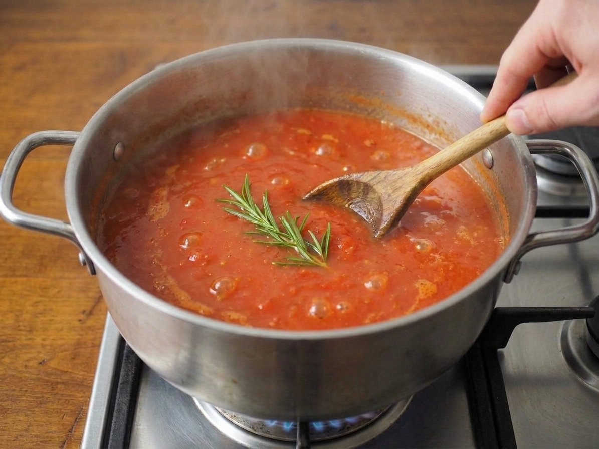 A pot of tomato-based-soup simmering with a rosemary sprig floating on top on a home stovetop