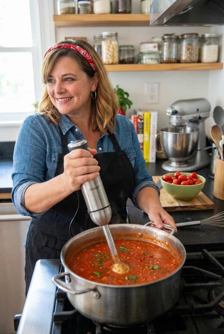 A pot of tomato basil soup being blended with an immersion blender on a stovetop