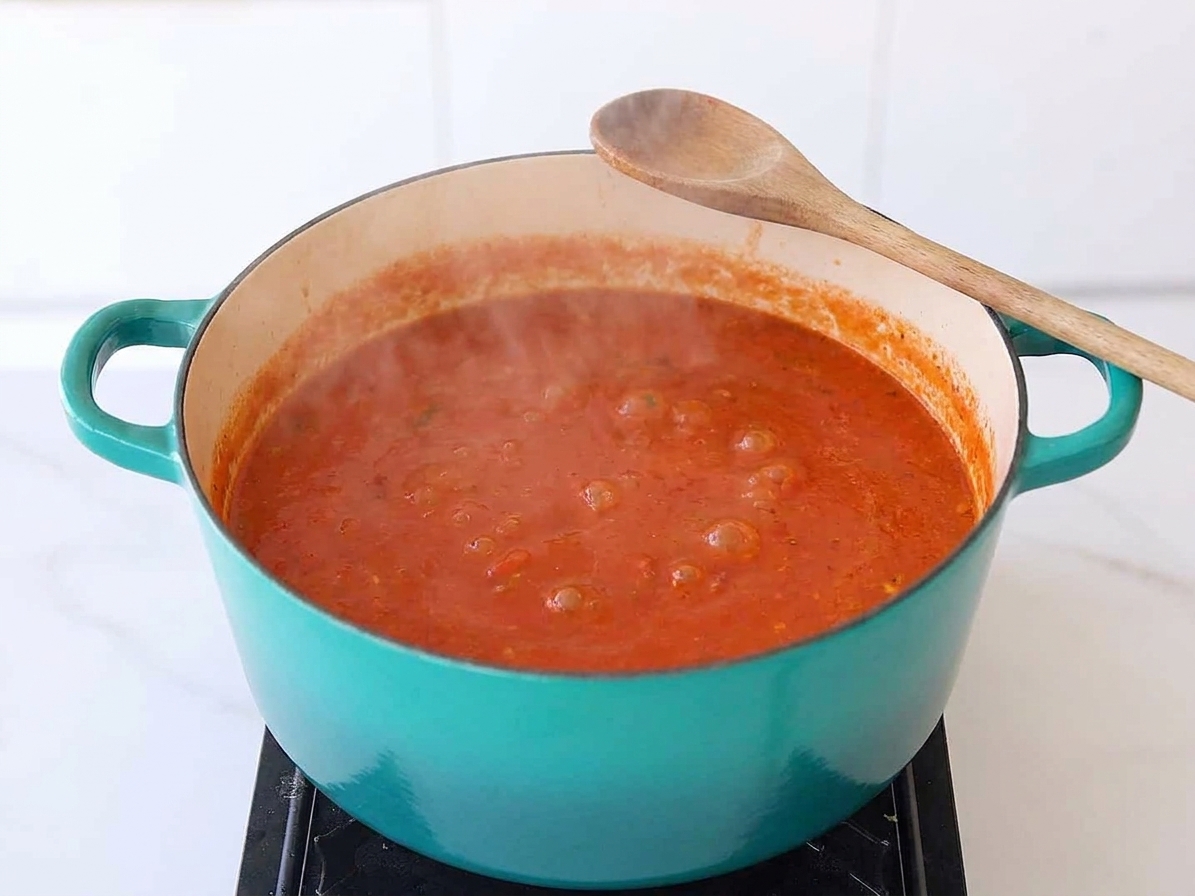 A pot of tomato soup simmering gently on a stovetop with visible steam and a wooden spoon resting on the rim
