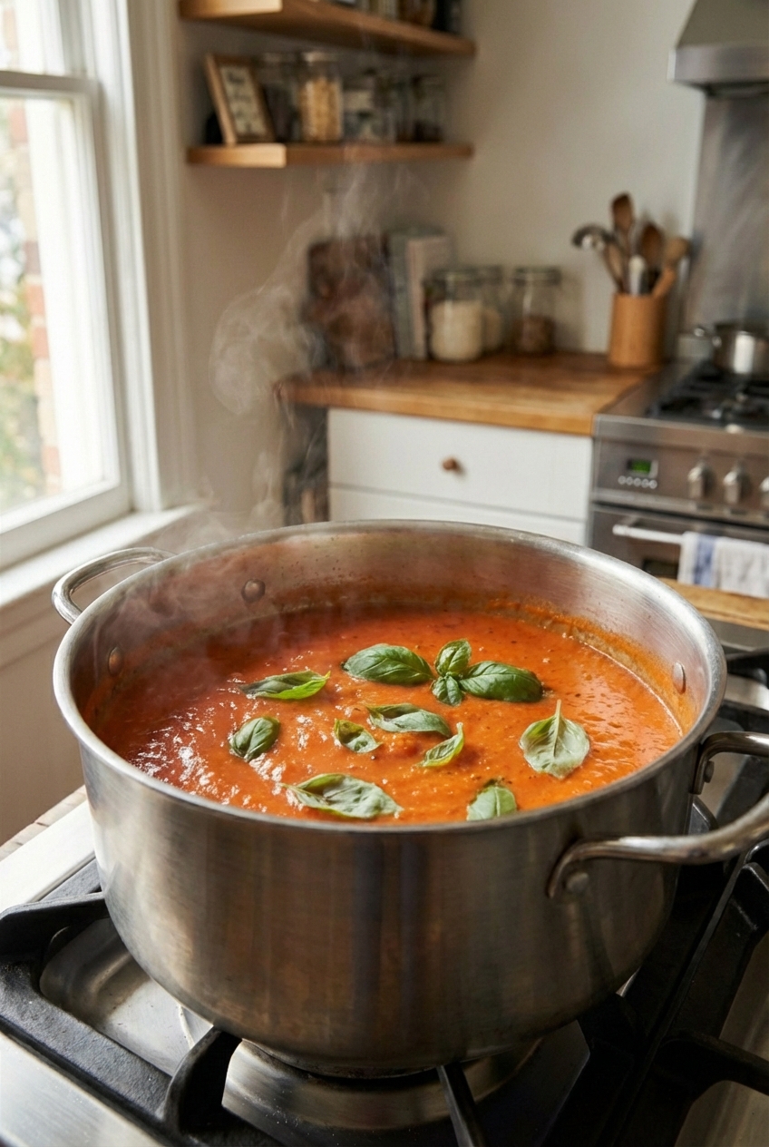 A pot of tomato soup simmering on a stovetop with visible basil leaves and steam rising