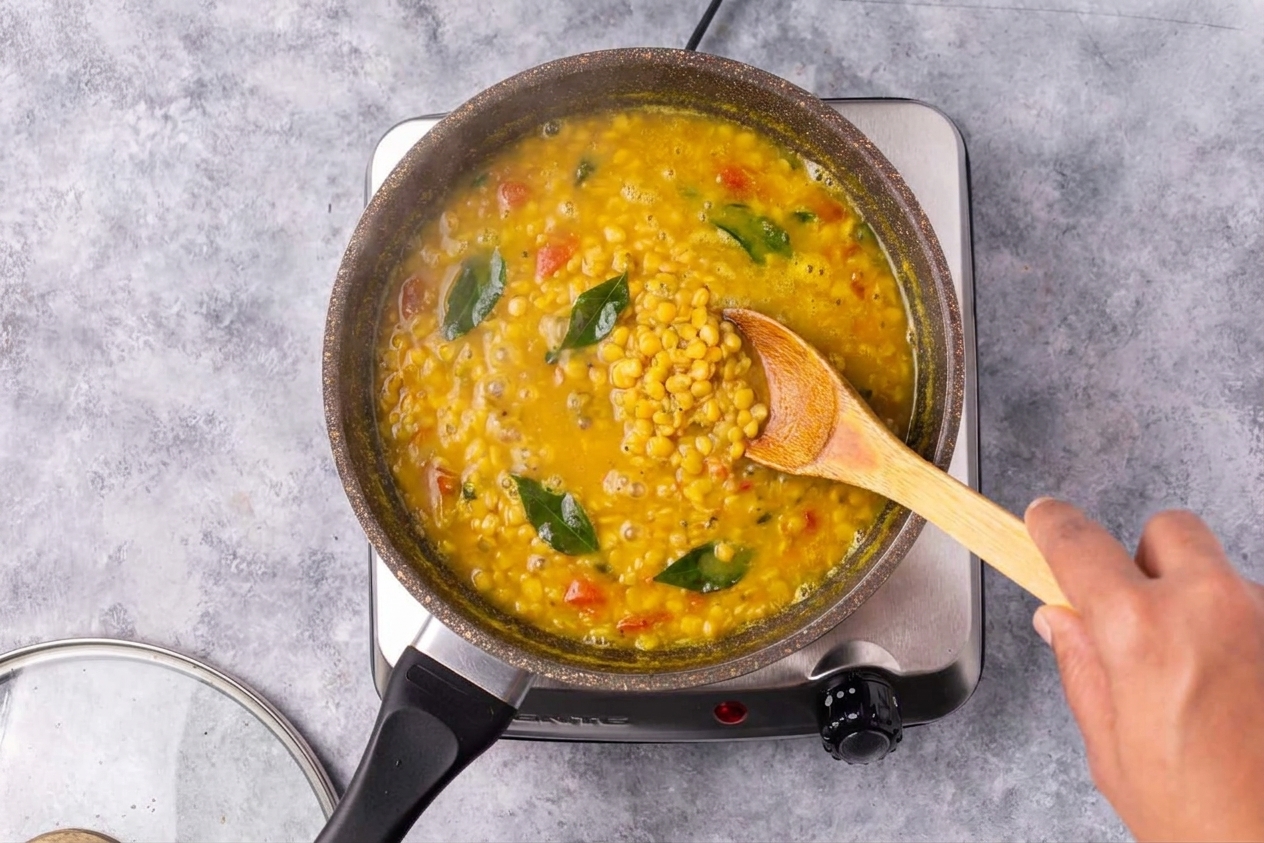 A pot of toor dal simmering on the stove with turmeric-tinted broth and a spoon stirring