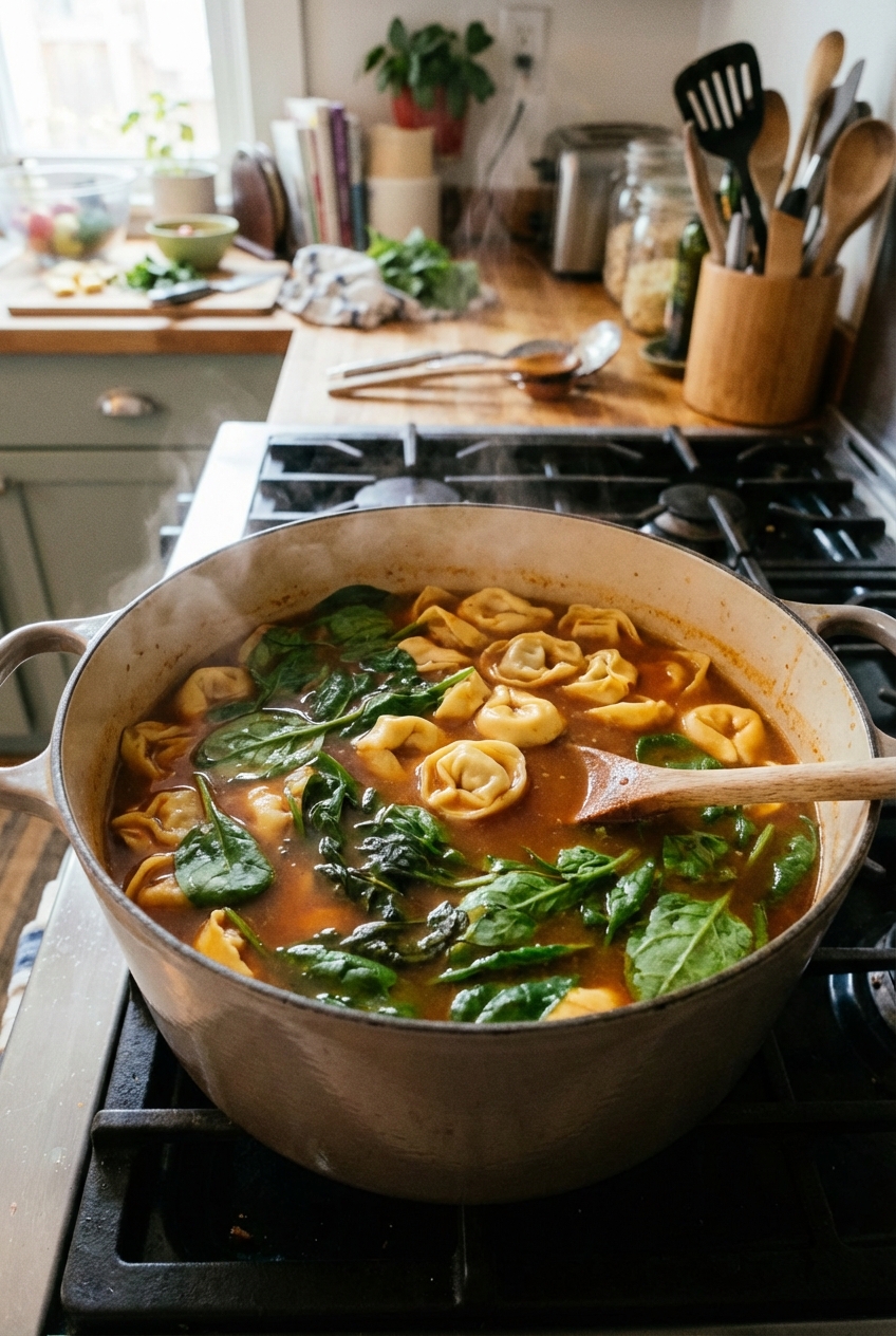 A pot of tortellini soup simmering on the stove with spinach wilting into the broth and tortellini floating on top