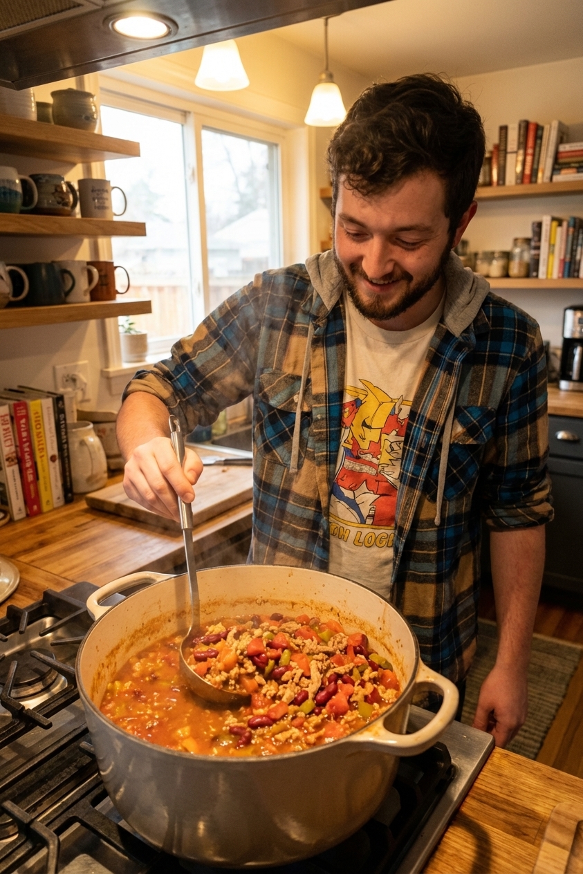 A pot of turkey chili simmering on a stovetop with a ladle stirring, visible kidney beans and tomatoes, steam rising, cozy kitchen lighting, photorealistic food photography