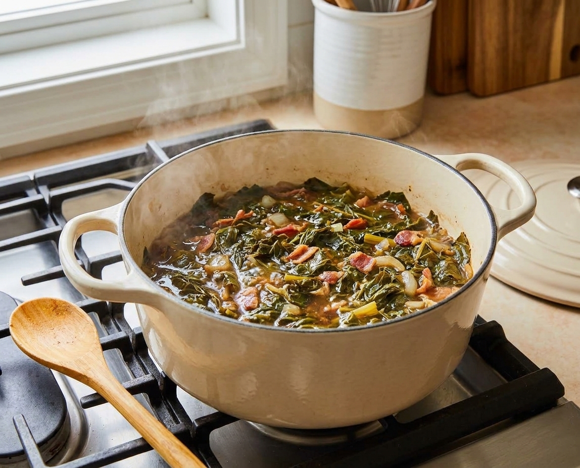 A pot of turnip greens simmering in a Dutch oven on a stovetop with a wooden spoon resting nearby