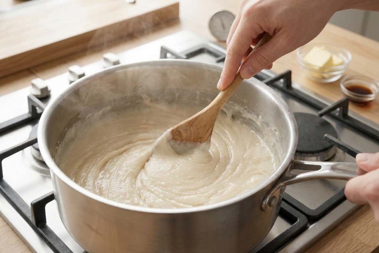 A pot of vanilla fudge being beaten with a wooden spoon as it turns from glossy to thick and matte