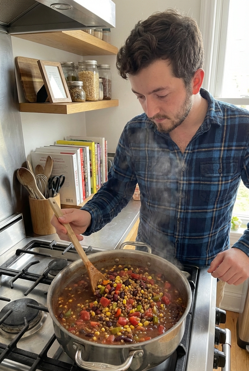 A pot of vegan chili simmering on the stove with a wooden spoon stirring