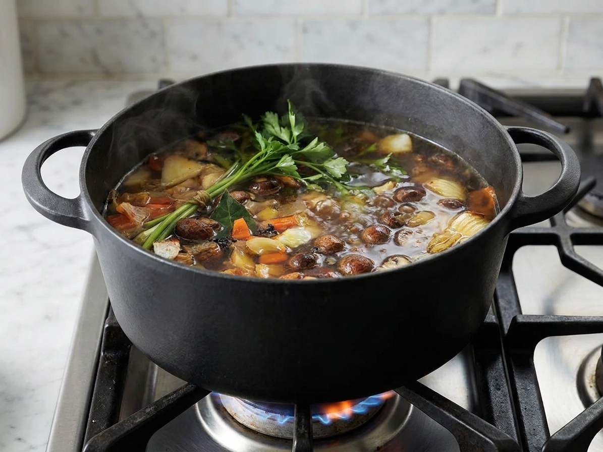 A pot of vegetable broth at a gentle simmer with small bubbles and herbs floating on the surface on a home stove