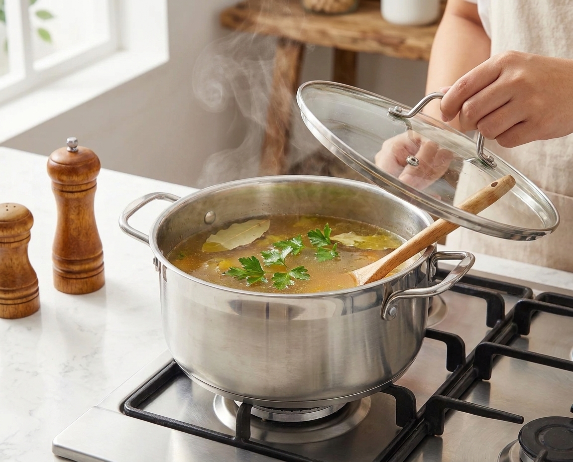 A pot of vegetable stock at a gentle simmer with bay leaves and parsley floating on top and steam rising in a cozy home kitchen