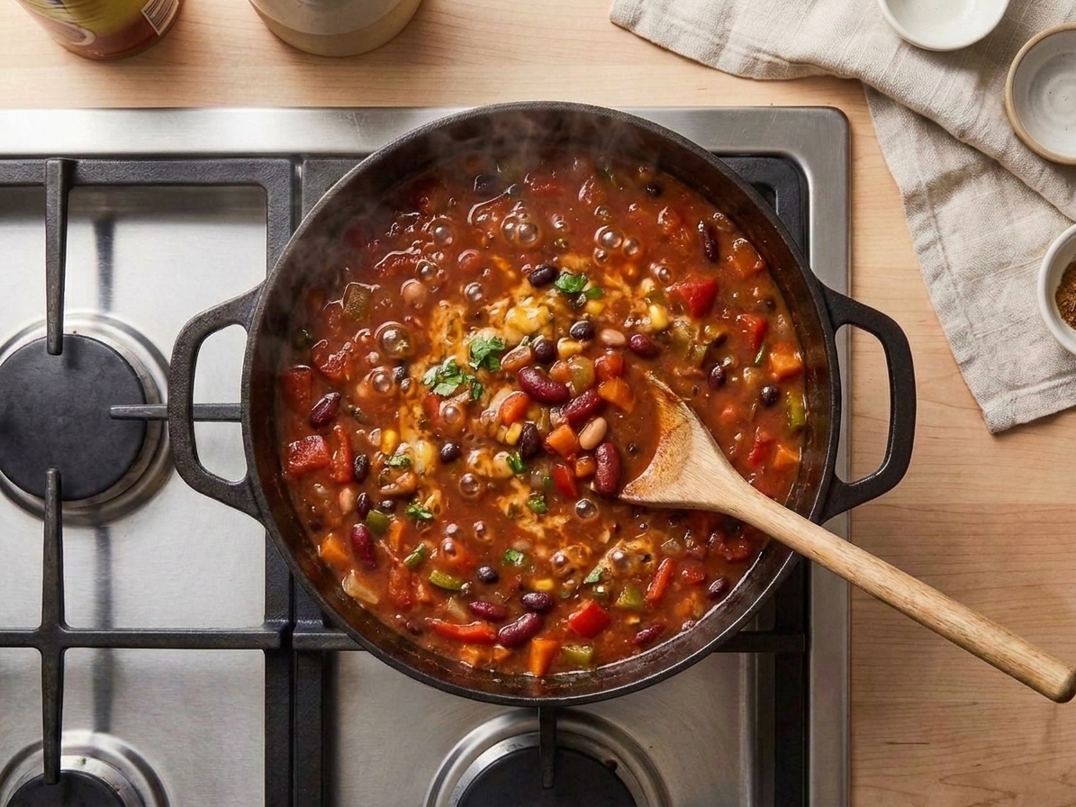A pot of veggie chili simmering with visible beans and vegetables, small bubbles breaking the surface