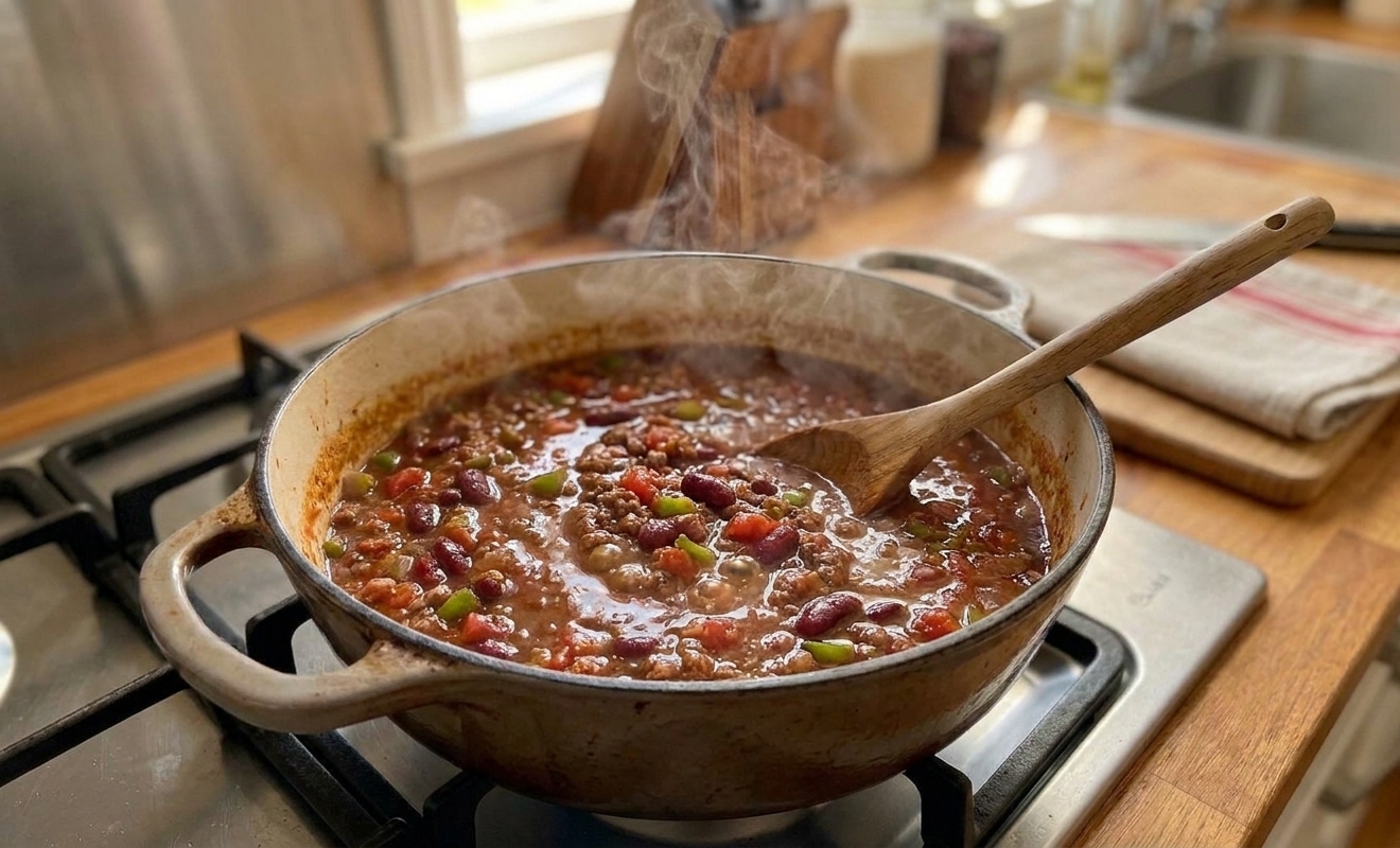 A pot of venison chili gently simmering with visible beans and tomato base as bubbles break the surface under warm kitchen light