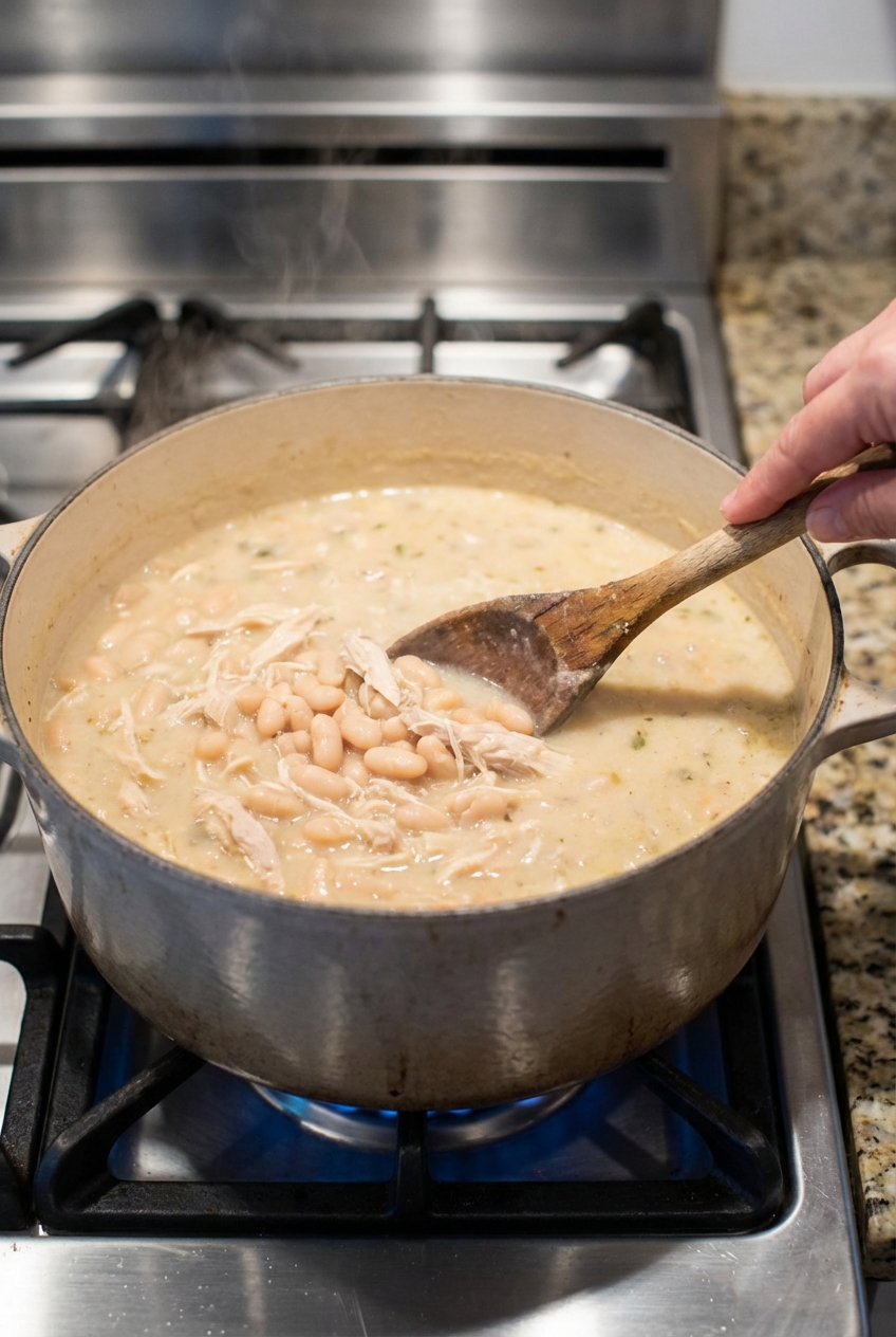 A pot of white chili simmering on a stovetop with a wooden spoon stirring visible white beans and shredded chicken