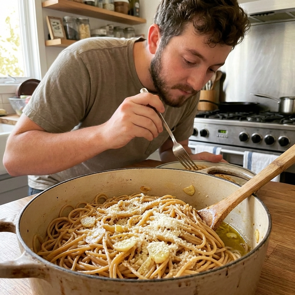 A pot of whole wheat pasta tossed with olive oil, garlic, and Parmesan